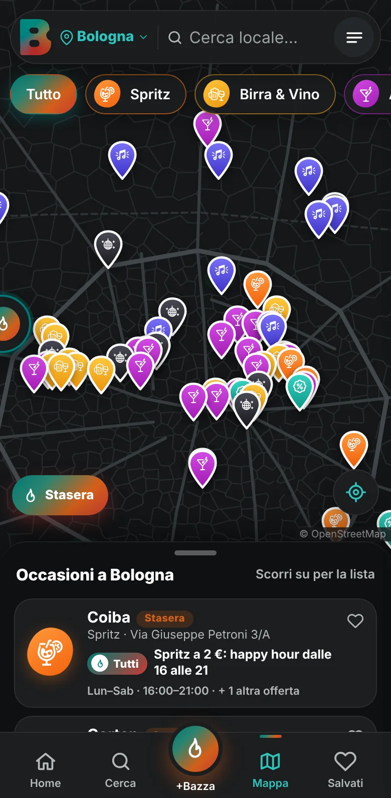 La schermata principale di bazzApp: la mappa di Bologna con i locali e le offerte della sera